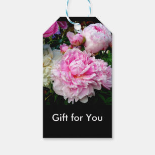 Elegant rosa, blommor av vit blommigt, persikor presentetikett