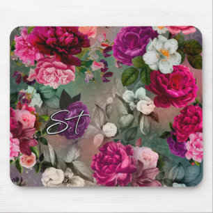 Elegant rosa blommor grått monogram musmatta