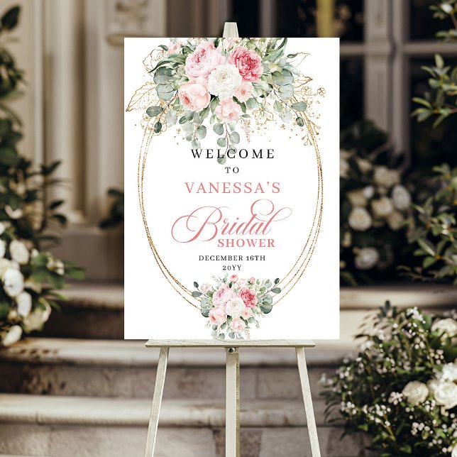 Elegant Rosa Blommor Grönska Bröllopsfest Välkomme Poster (Chic Blush Floral Greenery Bridal Shower Welcome)