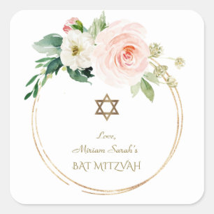 Elegant Rosa  blommor Guld Bat mitzvah Fyrkantigt Klistermärke