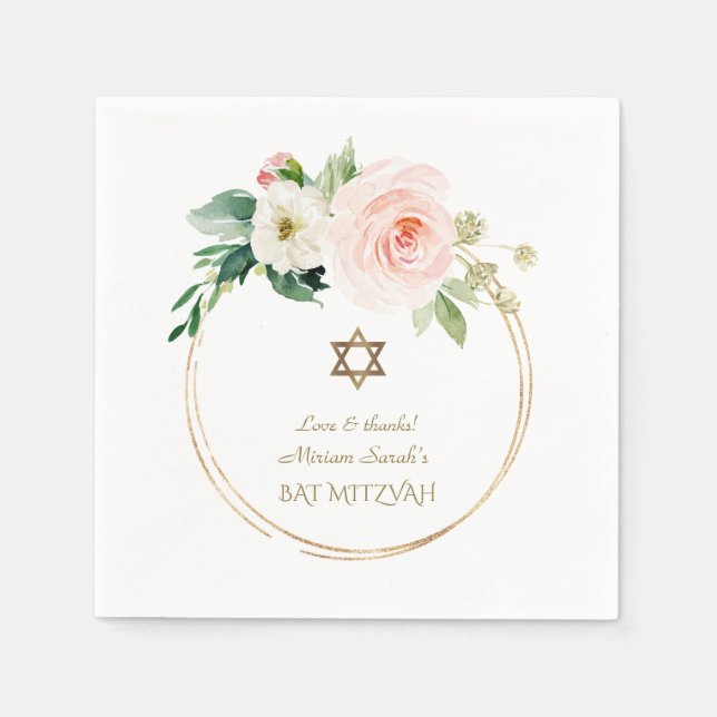 Elegant Rosa  blommor Guld Bat mitzvah Pappersservett (Framsidan)