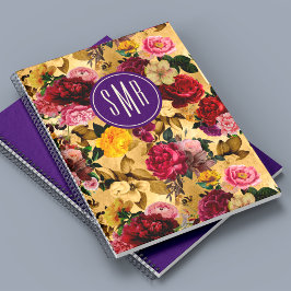 Elegant rosa Blommor gult monogram Anteckningsbok