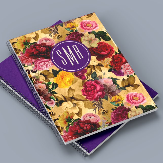 Elegant rosa Blommor gult monogram Anteckningsbok (Skapare uppladdad)