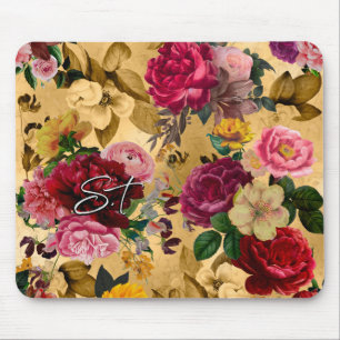 Elegant rosa Blommor gult monogram Musmatta