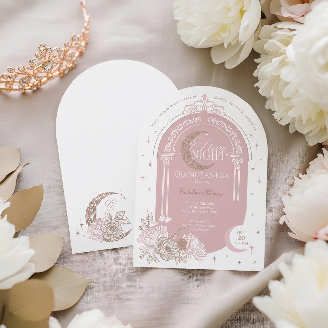 Elegant Rosa Blommor Måne Stjärnor Tiara Quinceañe Inbjudningar (Elegant Pink Florals Moon Stars Tiara Quinceañera Invitation)