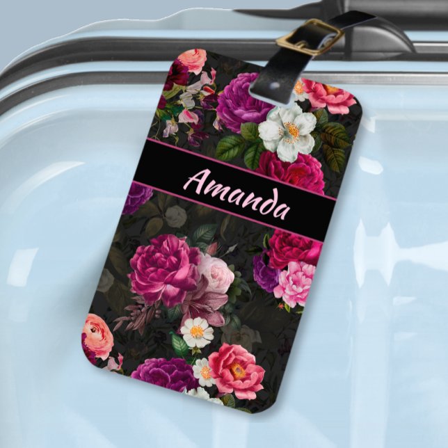 Elegant rosa blommor och ro svart blommigt bagagebricka (Skapare uppladdad)