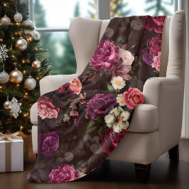 Elegant rosa blommor och ro svart blommigt fleecefilt