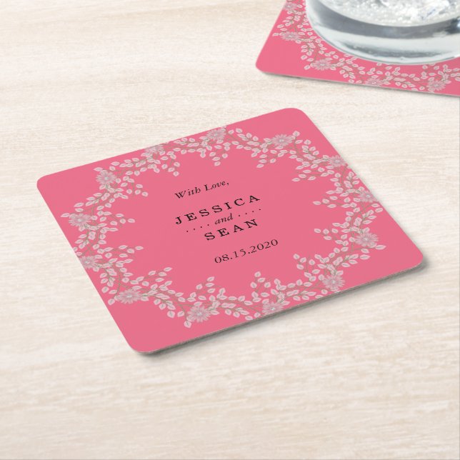 Elegant Rosa Blommor & Pärlor Bröllop Underlägg Papper Kvadrat (Vinklad)