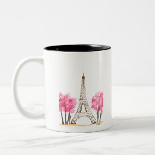 Elegant rosa blommor vattencolor Eiffel torn Paris Två-Tonad Mugg