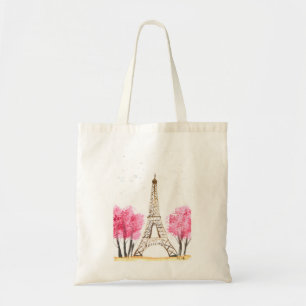 Elegant rosa blommor vattencolor Eiffel torn Paris Tygkasse