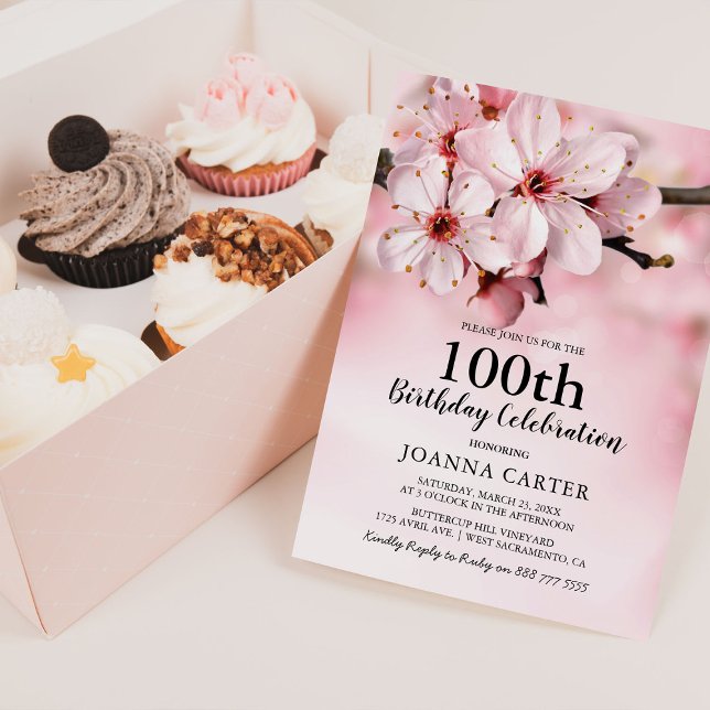 Elegant Rosa Blomning Blommig | 100-årsdag Inbjudningar (Skapare uppladdad)