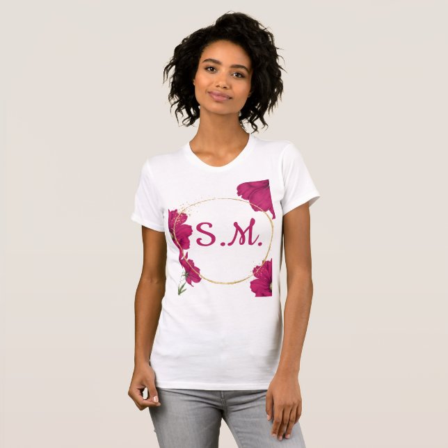 Elegant rosa blomster- guld cirkel t-shirt (Hel framsida)