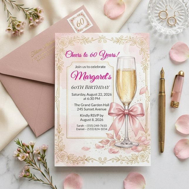Elegant rosa blomster med champagne 60-årsfirande inbjudningar (Skapare uppladdad)
