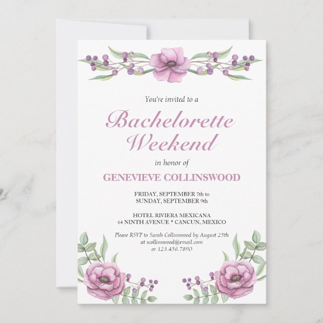 Elegant rosa blomster möhippa veckoslut itinerariu inbjudningar (Framsida)