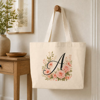 Elegant rosa blomster monogram A jätte stor handvä Jumbo Tygkasse