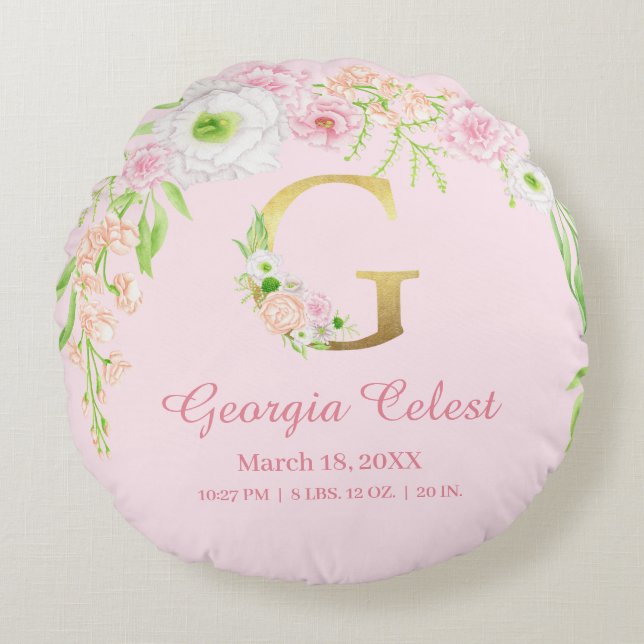 Elegant rosa blomster monogram baby-statistik rund kudde (Framsidan)