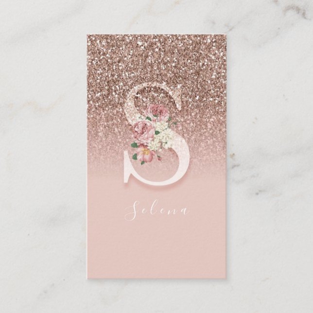Elegant rosa blomster monogram initial guld boksta visitkort (Framsida)