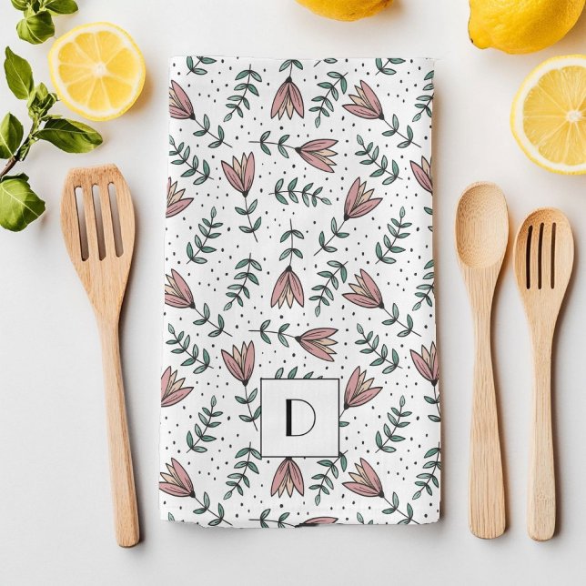 Elegant rosa blomster monogram kökshandduk (Elegant Pink Floral Monogram Kitchen Towel)