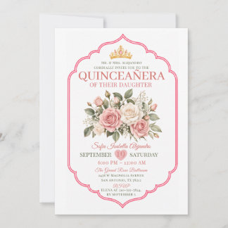 Elegant rosa blomster Quinceañera prinsessakrona Inbjudningar