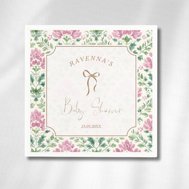 Elegant rosa blomster ram guldslinga baby shower pappersservett (Skapare uppladdad)