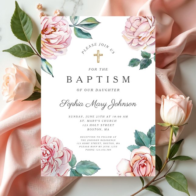 Elegant rosa blomster religiös flicka dop inbjudningar (Floral Peonies Gold Cross Religious Baptism Invitation)