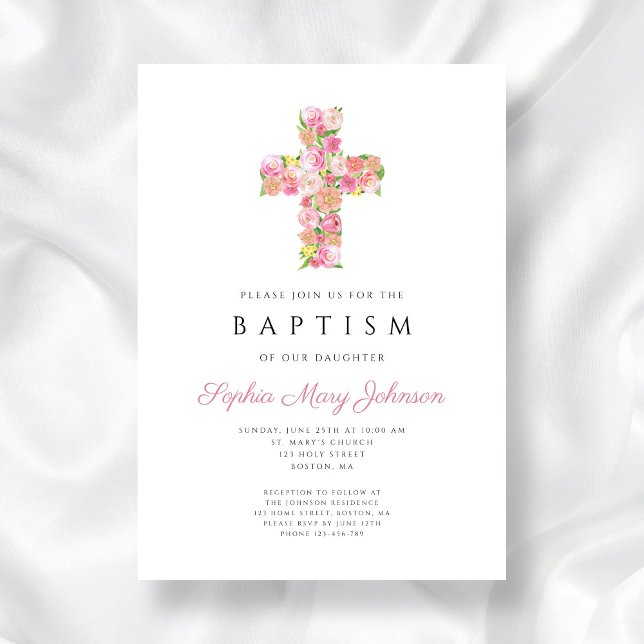 Elegant rosa blomster religiös kors dop inbjudningar (Elegant Pink Floral Religious Cross Baptism Invitation)