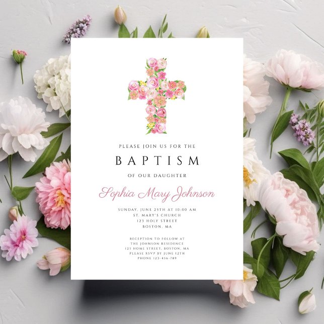Elegant rosa blomster religiöst kors dop inbjudningar (Elegant Pink Floral Religious Cross Baptism Invitation)