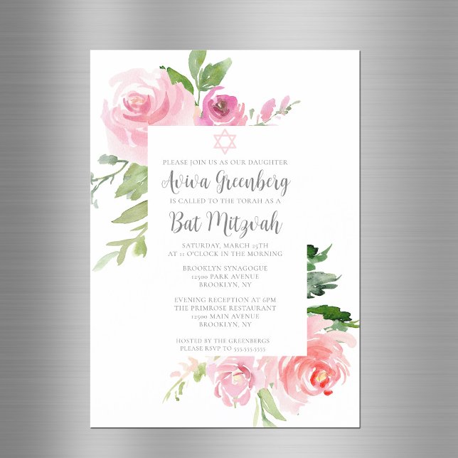 Elegant rosa blomster vattenfärg Bat Mitzvah-fest Magnetisk Inbjudningskort (Skapare uppladdad)