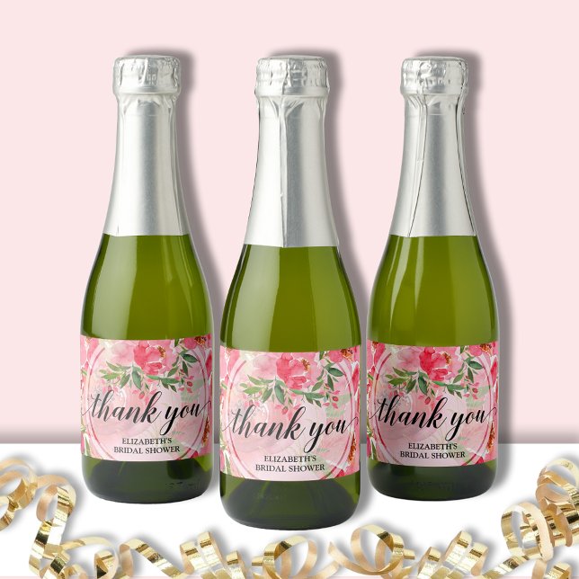 Elegant rosa blomsterbröllopsfest mini (Pink peonies floral bridal shower mini champagne bottle labels)