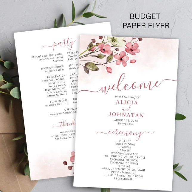 Elegant rosa blomsterbröllopsprogram till budgetpr flygblad (Skapare uppladdad)