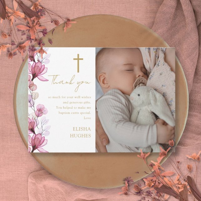 Elegant rosa blomsterfoto dop namndag tack kort (Elegant Pink Floral Photo Baptism Christening Thank You Card)