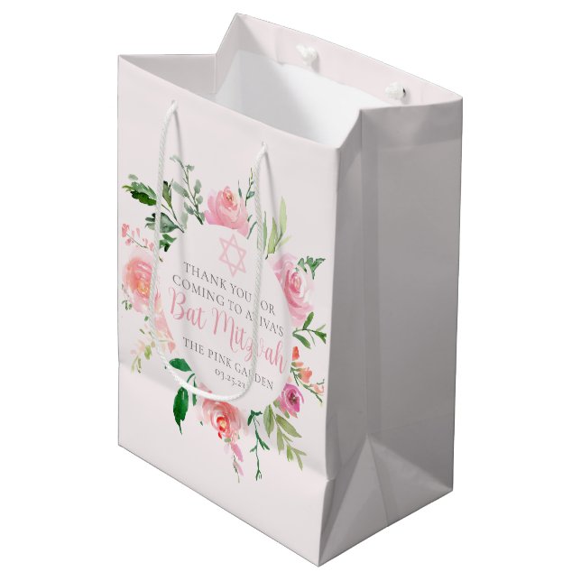 Elegant rosa blomstergrej Bat Mitzvah judisk födel (Framsidan Vinklad)