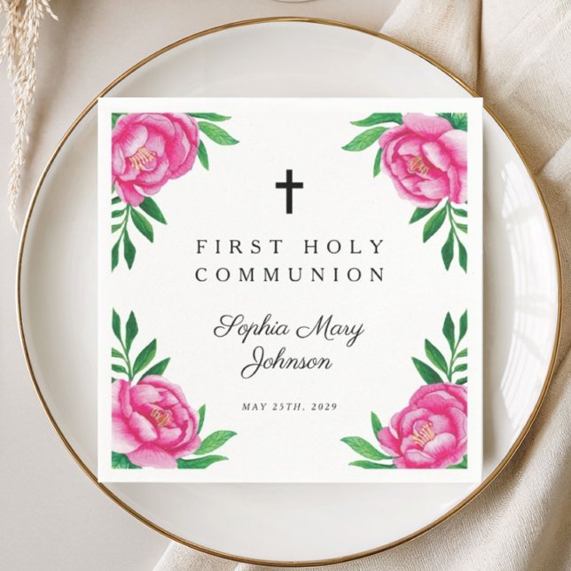 Elegant rosa blomstergross First Communion  Pappersservett (Elegant Pink Floral Cross First Communion Napkins)