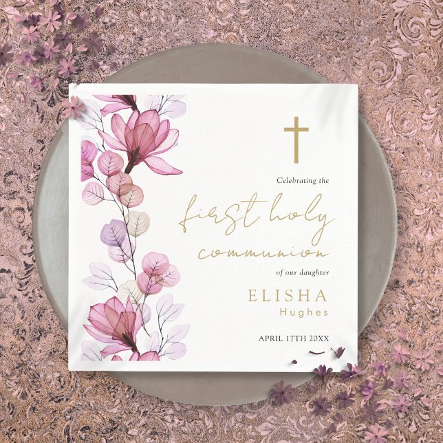 Elegant rosa blomstergudsförsta kommunion pappersservett (Elegant Pink Floral First Holy Communion Napkins)