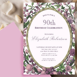 Elegant rosa blomsterkant Kvinnas 90-årsdag Inbjudningar