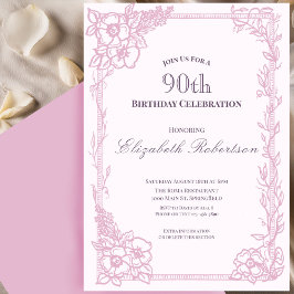 Elegant rosa blomsterkant Kvinnors 90-årsdag Inbjudningar