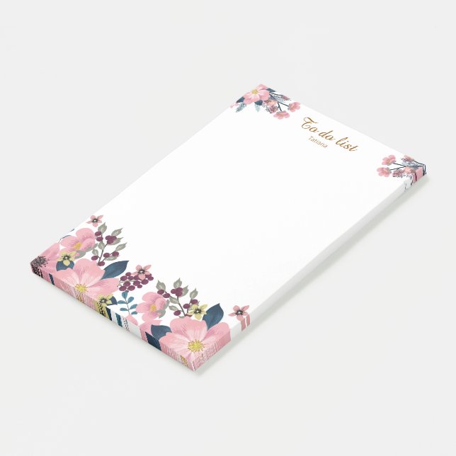 Elegant rosa blomsterkant post-it block (Vinklad)