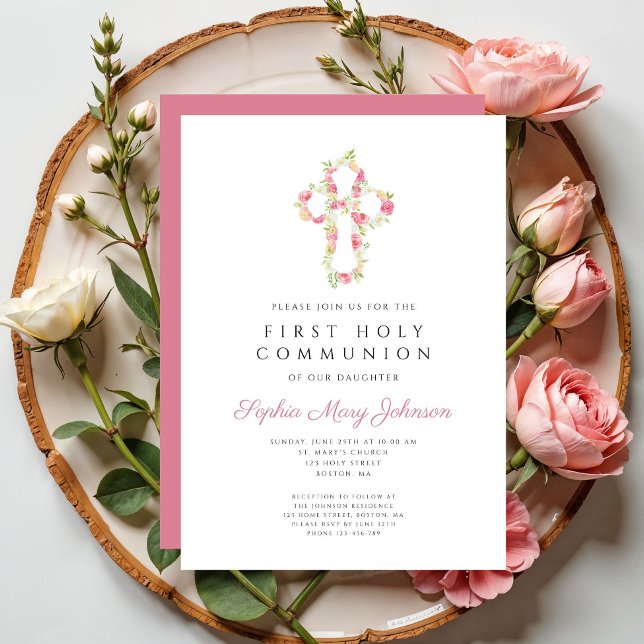 Elegant rosa blomsterkors första kommunion   inbjudningar (Elegant Pink Floral Cross First Communion Invitation)