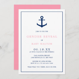 Elegant Rosa Blue Anchor Nautical Gender Reveal Inbjudningar