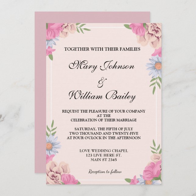 Elegant Rosa Blue Blommigt Bröllopsbuketter Anpass Inbjudningar (Fram/baksida)