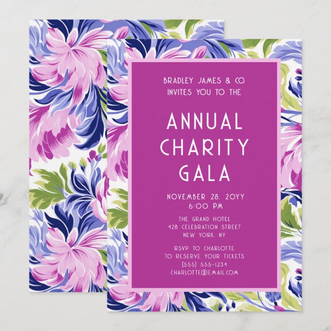 Elegant Rosa Blue Blommigt Charity Event Gala Part Inbjudningar (Fram/baksida)