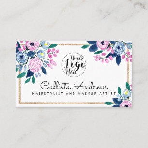 Elegant Rosa Blue Blommigt Guld Gräns Watercolor Visitkort