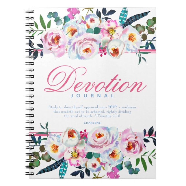 Elegant Rosa Blue Blommigt Named Devotion Journal Anteckningsbok (Framsidan)