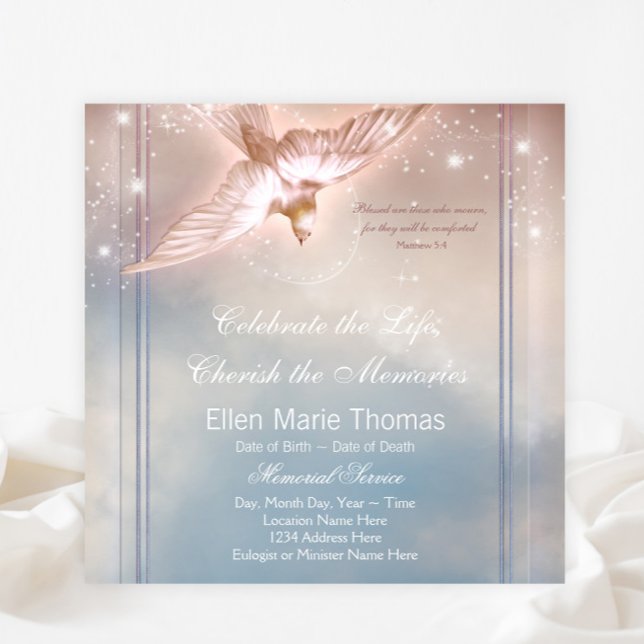Elegant Rosa Blue Dove in Loving Memory Memorial Inbjudningar (Dove funeral and memorial announcement and invitation. )