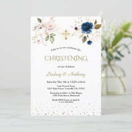 Elegant Rosa Blue Guld Blommigt Twillingars Christ Inbjudningar