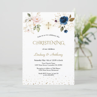 Elegant Rosa Blue Guld Blommigt Twillingars Christ Inbjudningar