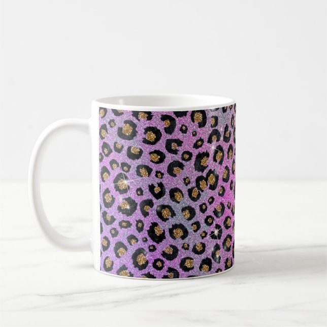 Elegant Rosa Blue Guld Glitter Black Leopard Skriv Kaffemugg (Vänster)