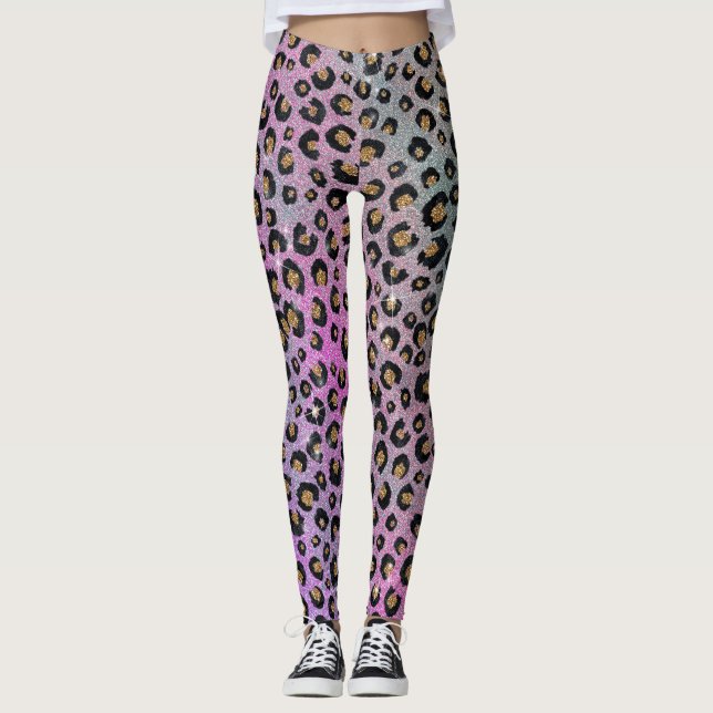 Elegant Rosa Blue Guld Glitter Black Leopard Skriv Leggings (Framsida)