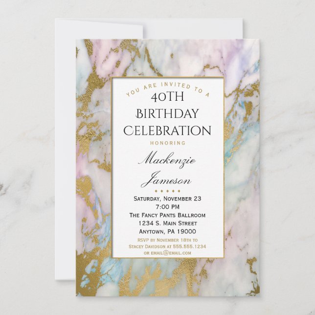 Elegant Rosa Blue Guld Marble Birthday bjudande Inbjudningar (Framsida)