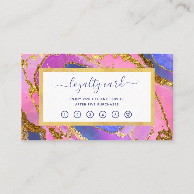 Elegant Rosa Blue och Guld Geode Loyalty Card Lojalitetskort (Framsida)